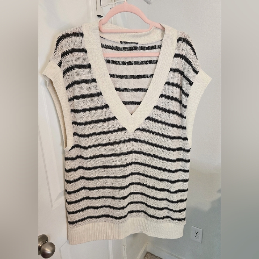 Black and White Striped Crochet Coordinated SET Pants and Top Womens Size Large